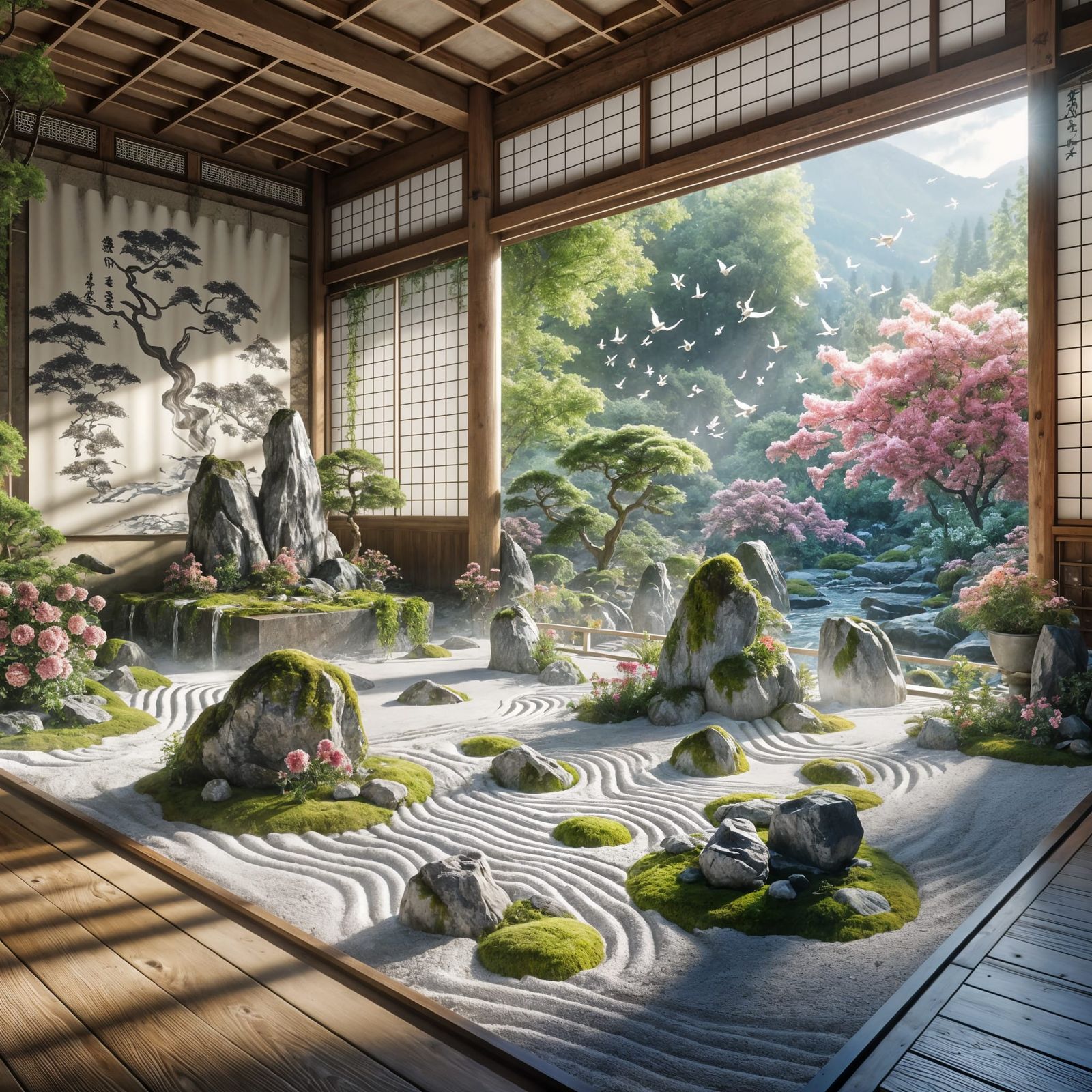 Zen Garden with Holographic Cherry Blossoms