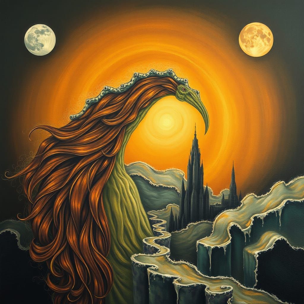 Surreal Hair Radiance: A Dali-esque Oil Painting