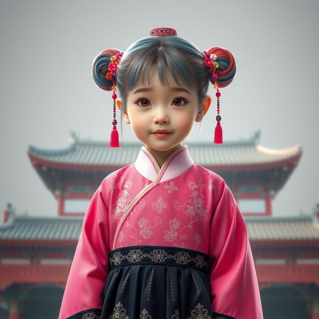 Girl in Hanbok with Gold Embroidery, Detailed Matte Painting