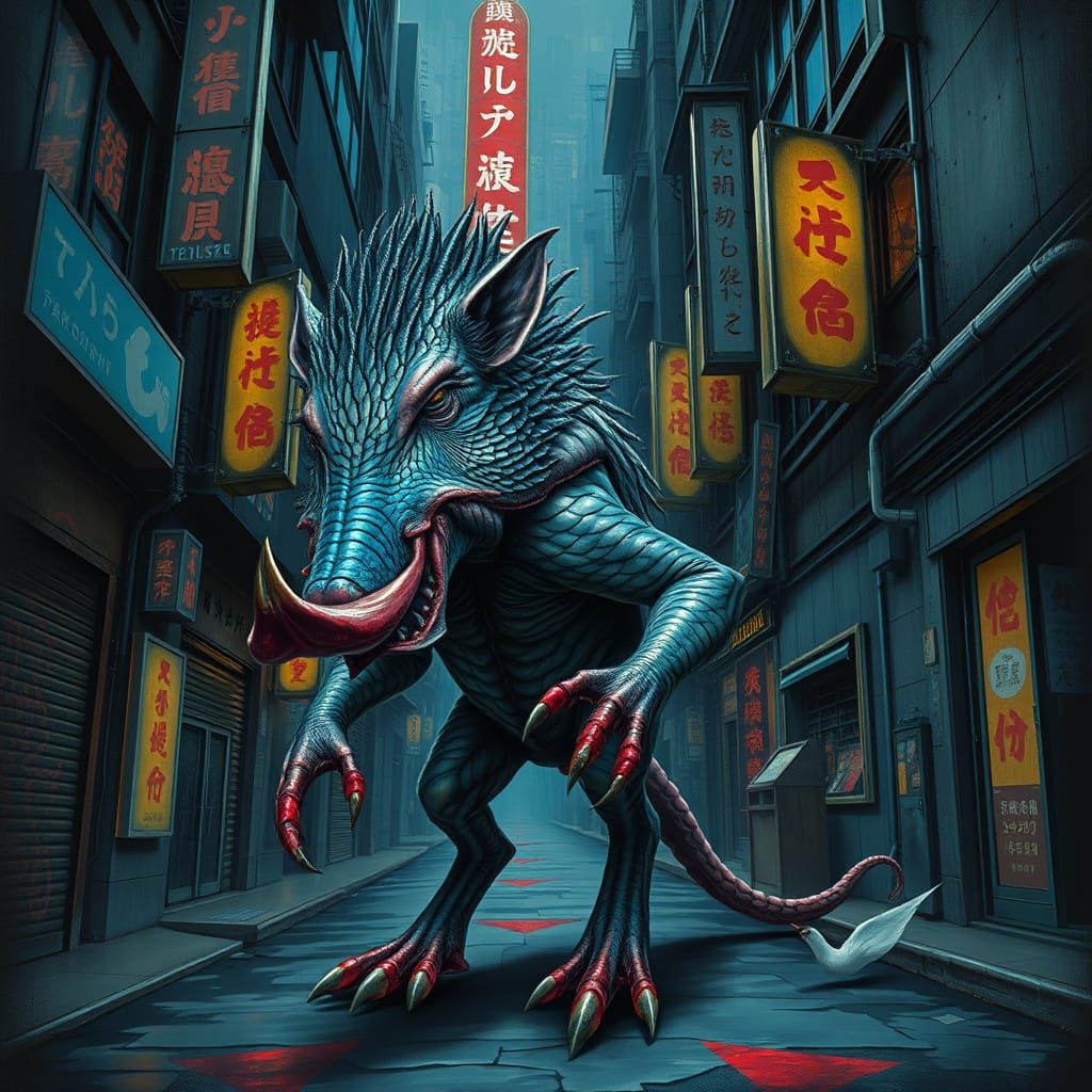 Mutant Creature in Neon Tokyo, Surrealist Art