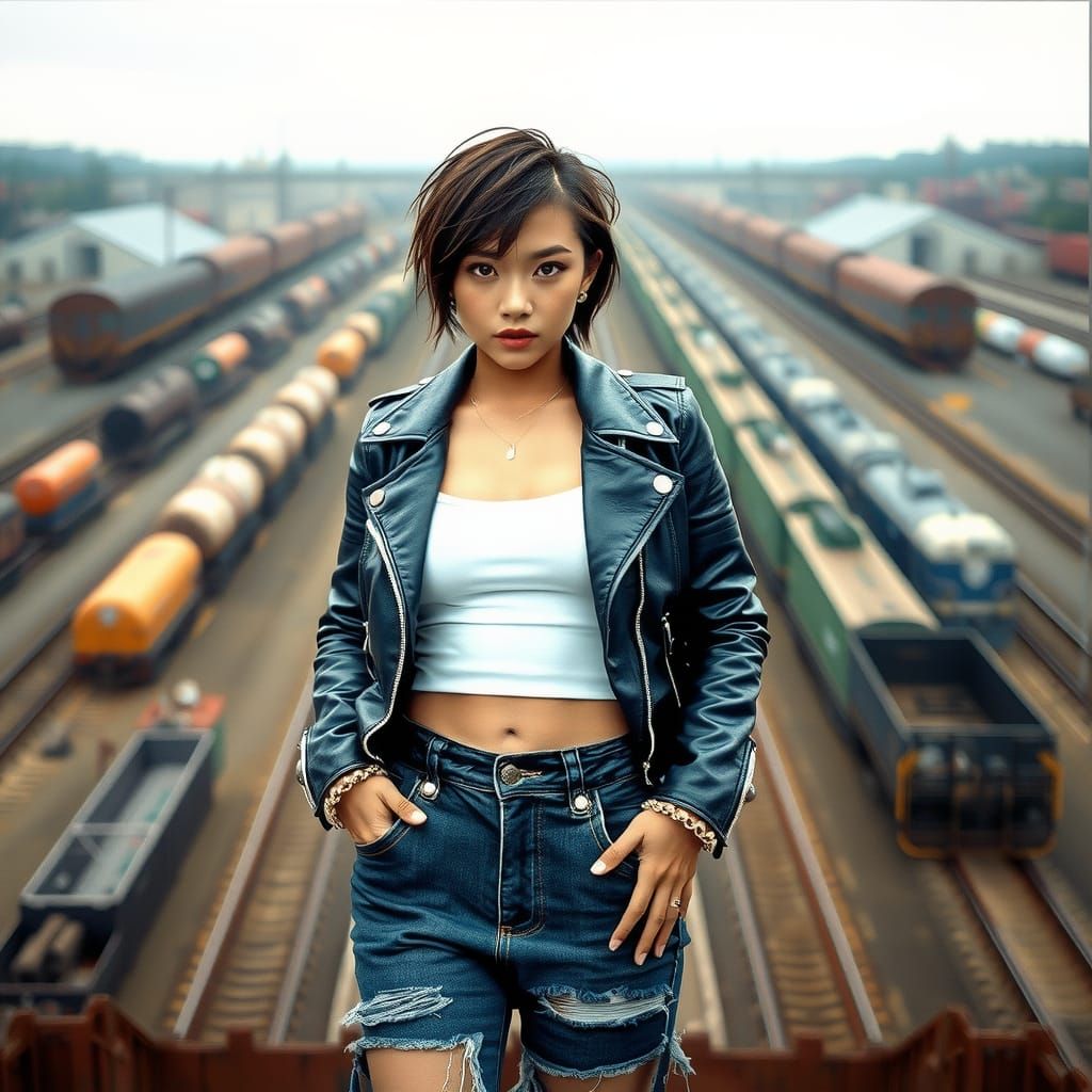 Asian Supermodel in High Fashion Outfit Posing on Bridge