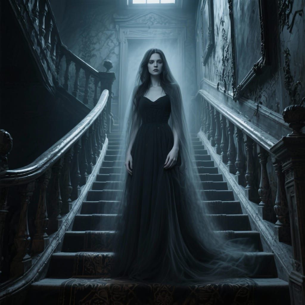 Ghostly Woman in Gothic Mansion at Midnight