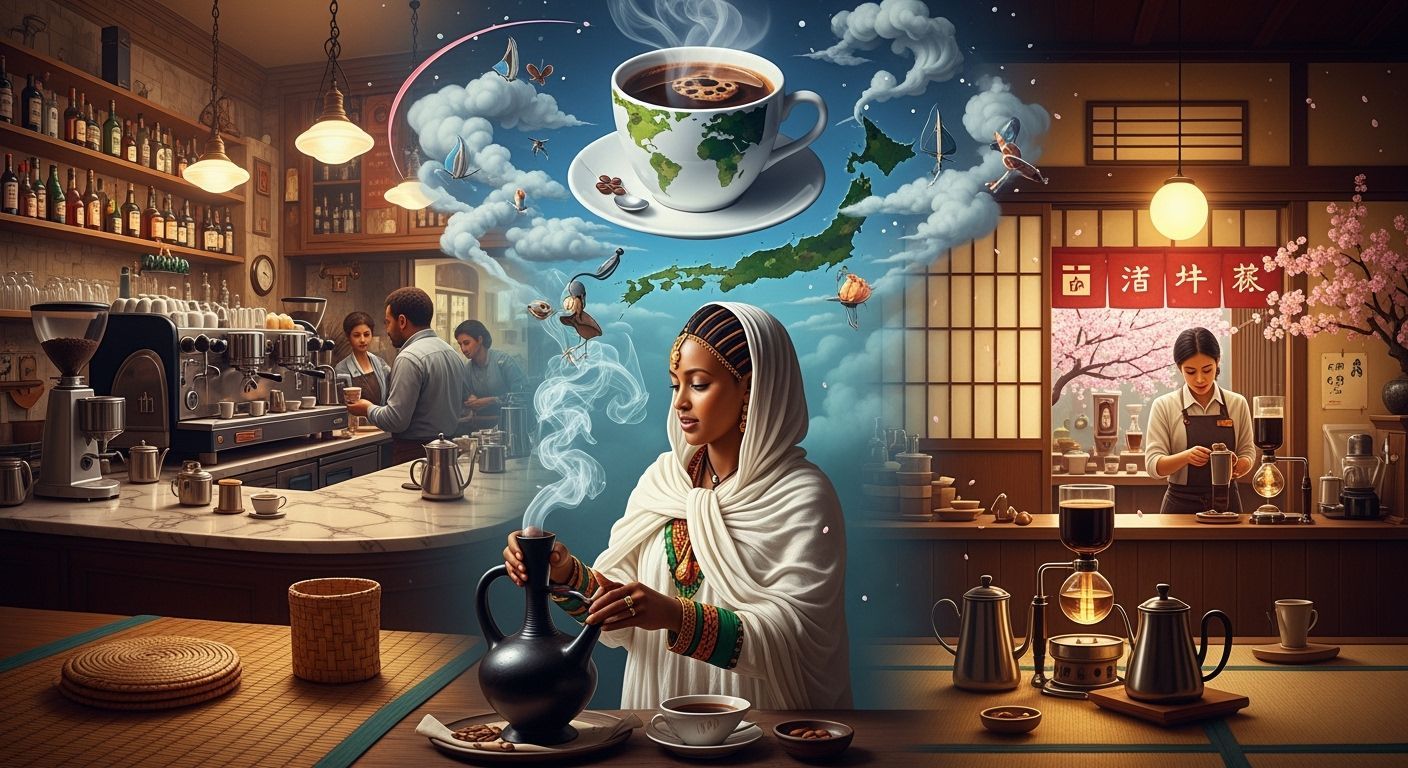 Coffee Across Cultures: A Surreal Painterly Masterpiece