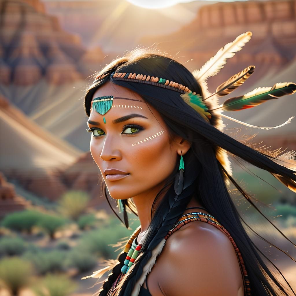 Hyper-Realistic Portrait of Pocahontas in Desert Landscape