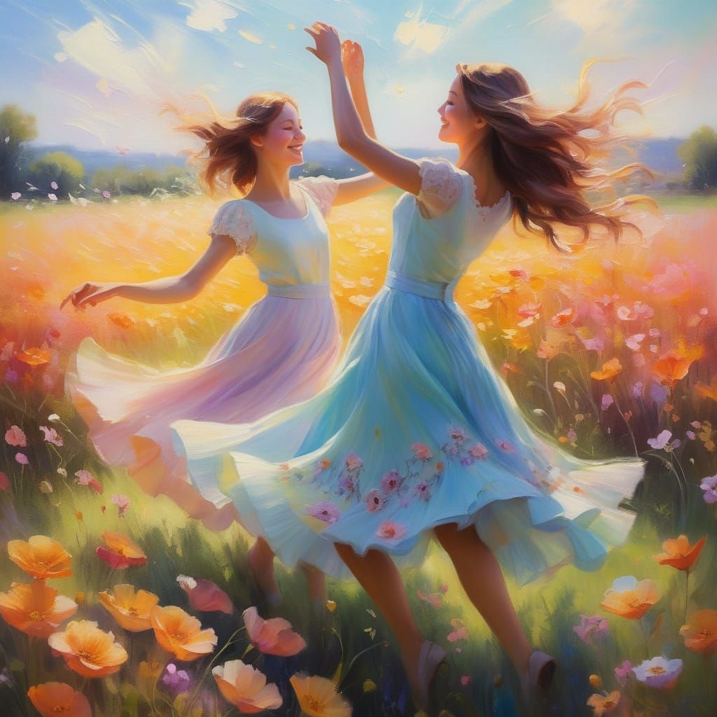 Women Dancing in a Whimsical Floral Field