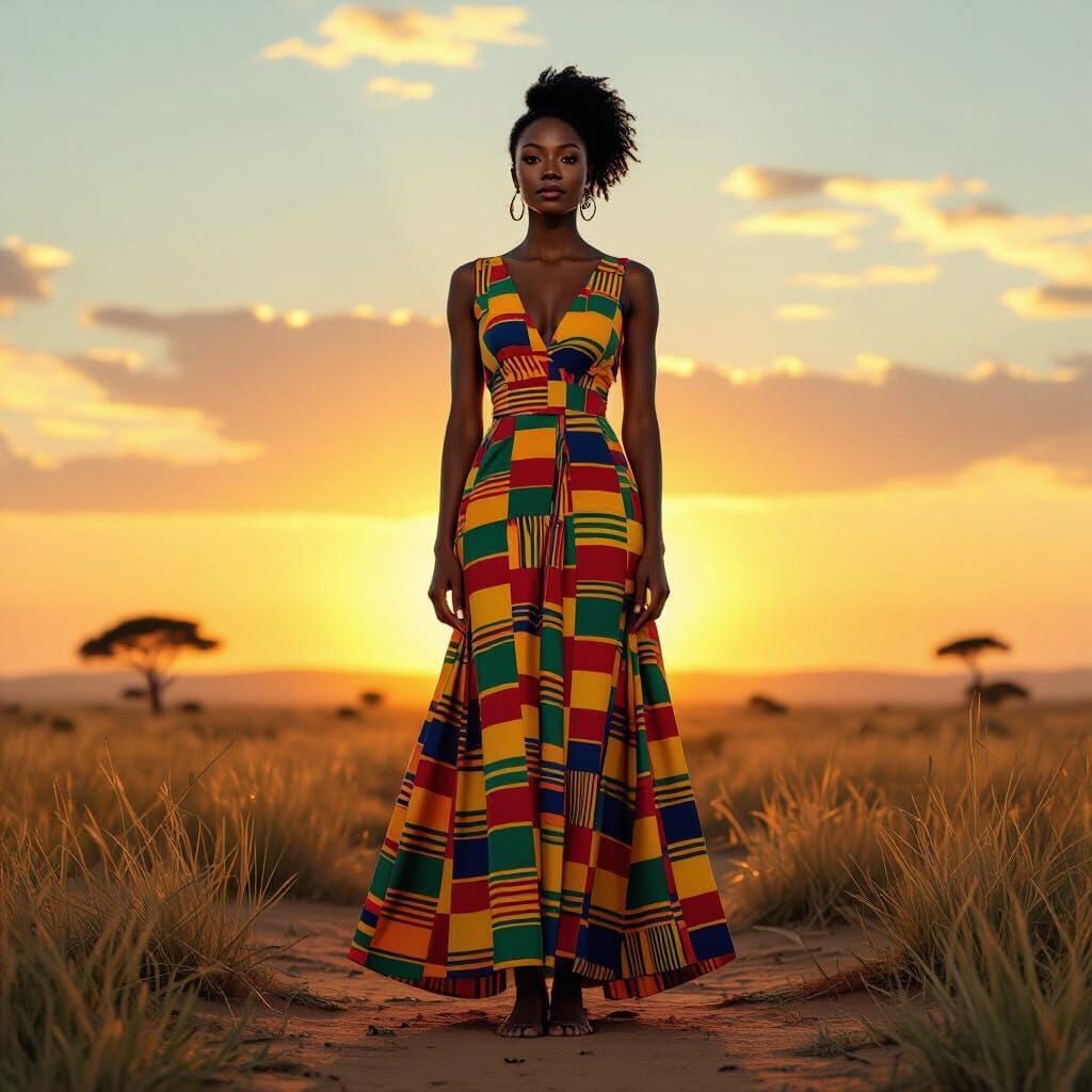 Proud Black Woman in Kente Dress at Golden Hour Savanna