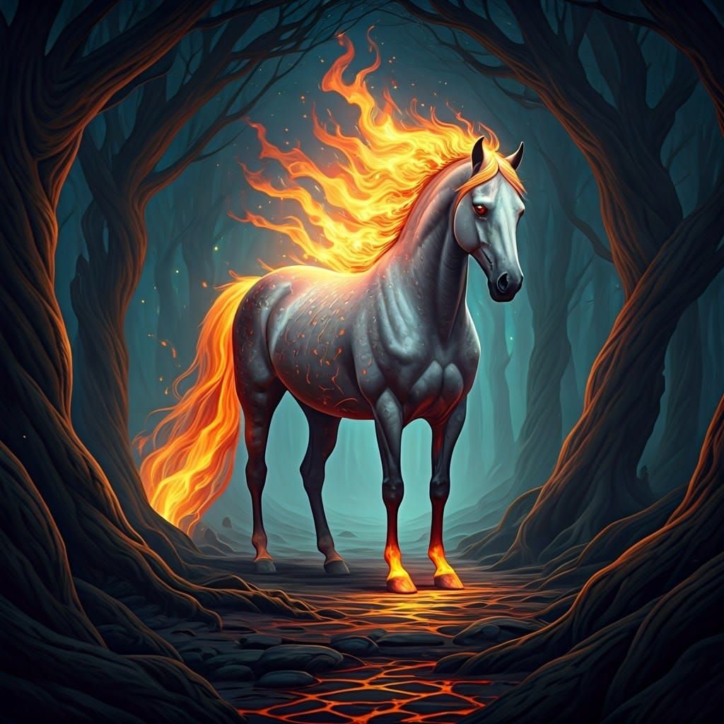 Fiery Grey Horse in Mystical Landscape