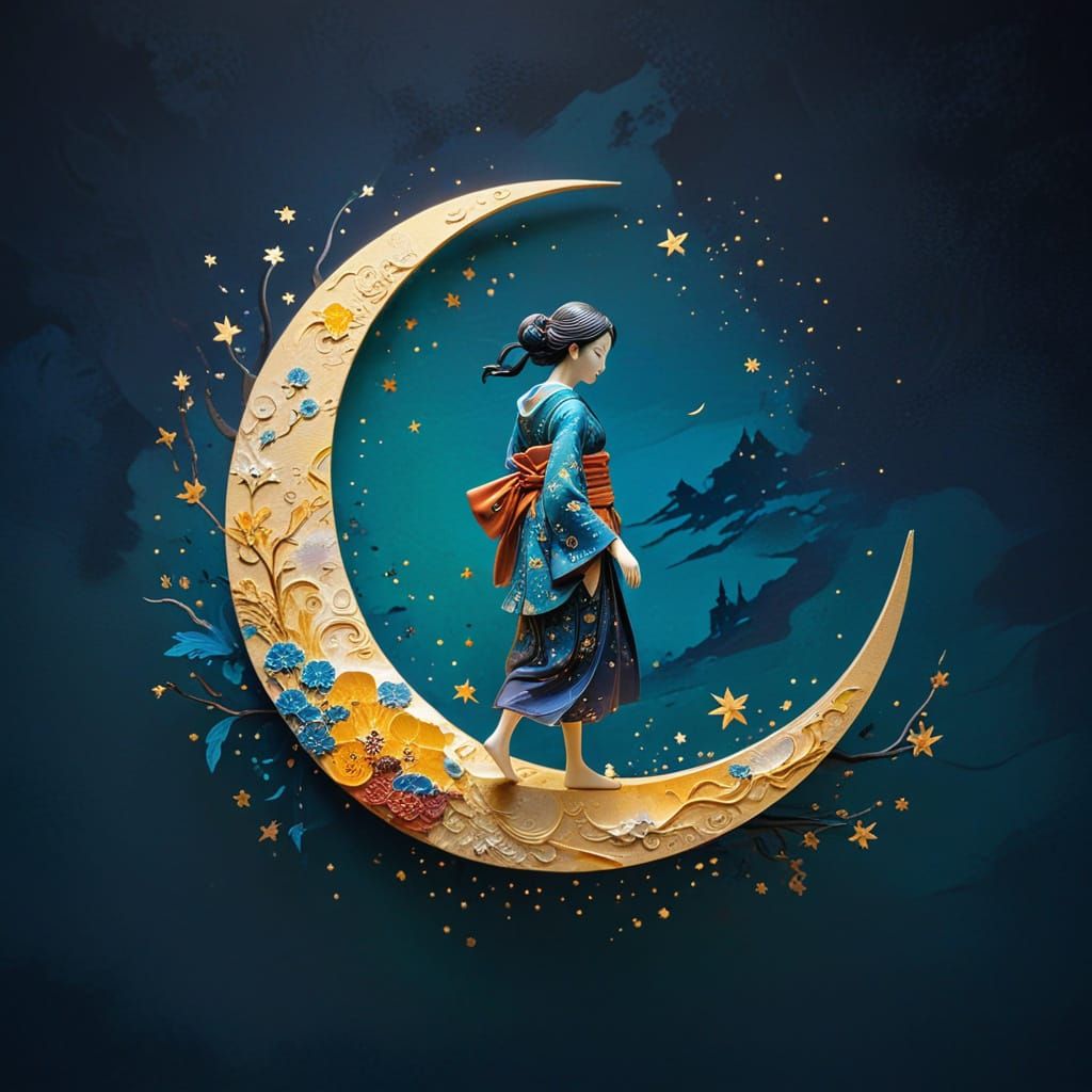 Surreal Paper Artwork of Young Figure on Golden Crescent Moo...