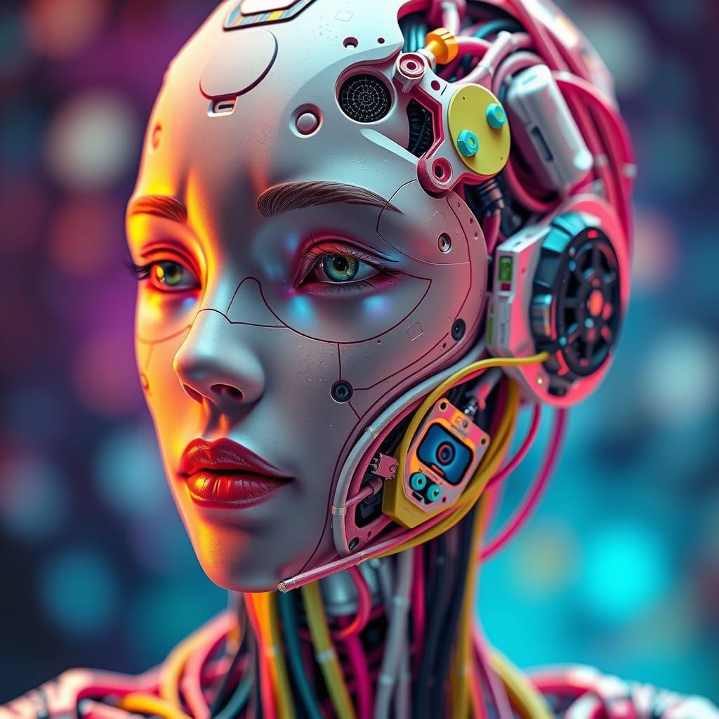 Cybernetic Android Portrait in Vibrant Biomechanical Style