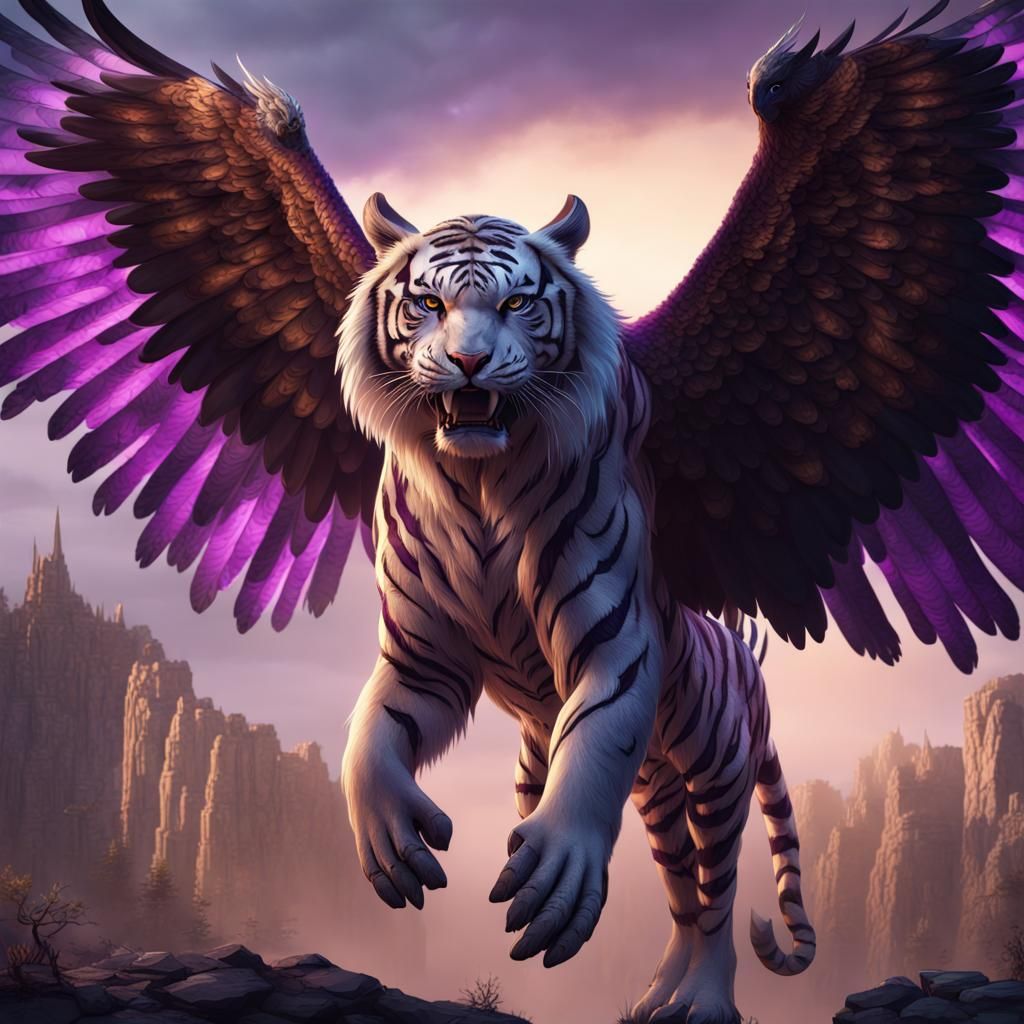 Winged Tiger with Purple Eyes: Fantasy Concept Art