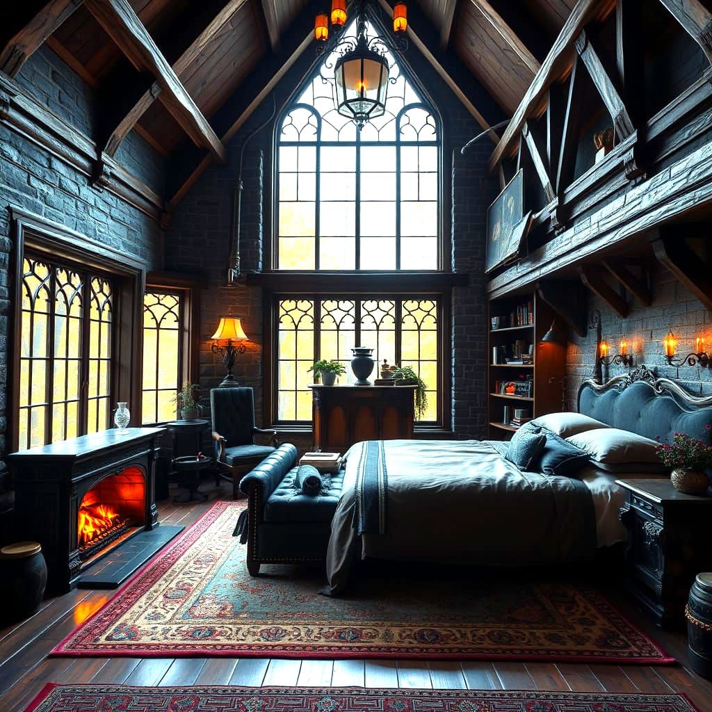 Gothic Bedroom Loft with Autumn Forest View