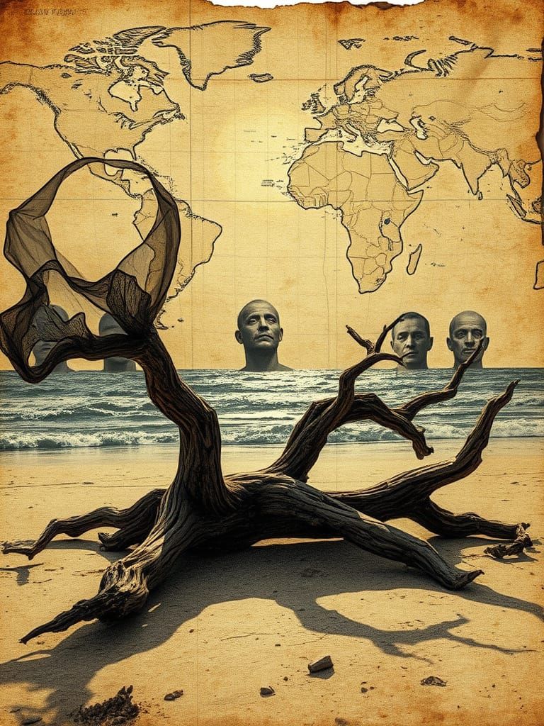 Driftwood Curling Eroded Olde-World Map, Charred and Rusty