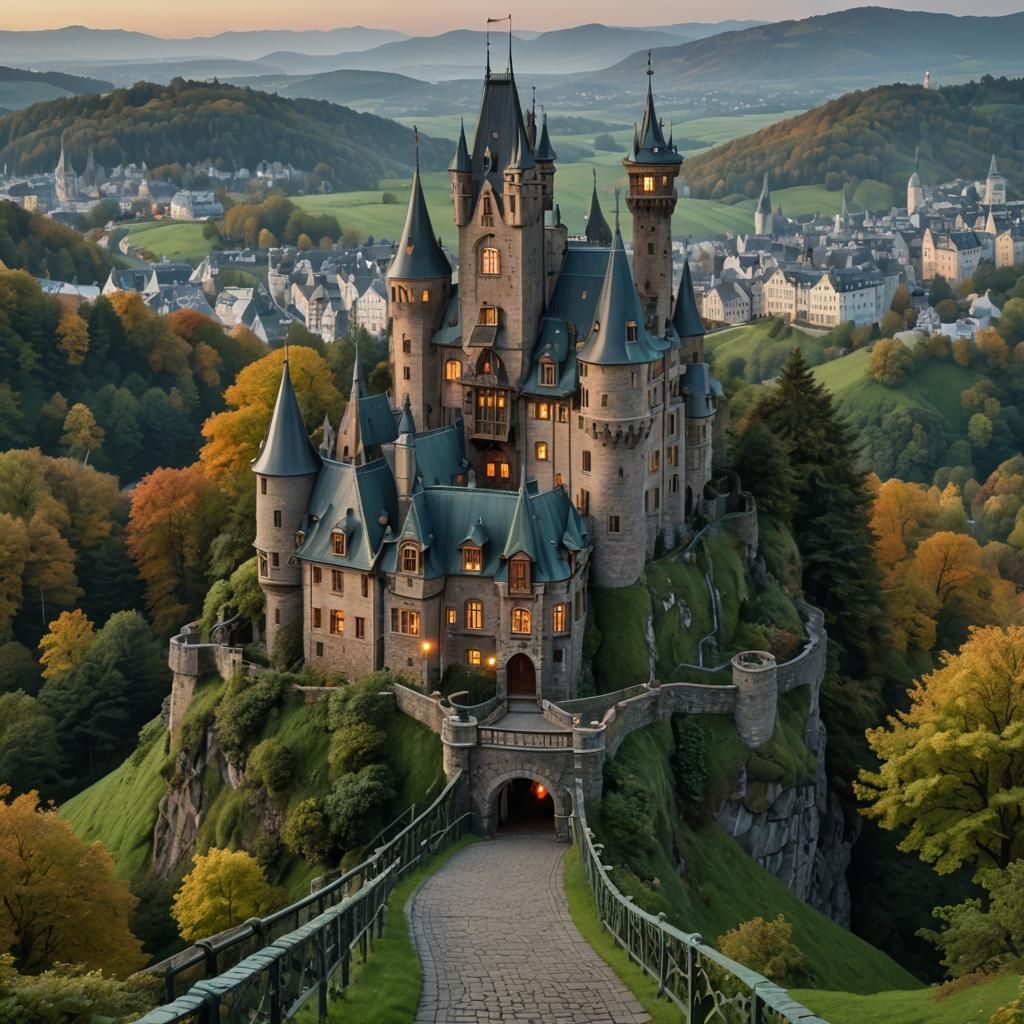 Art Nouveau Castle on Lush Green Hillside