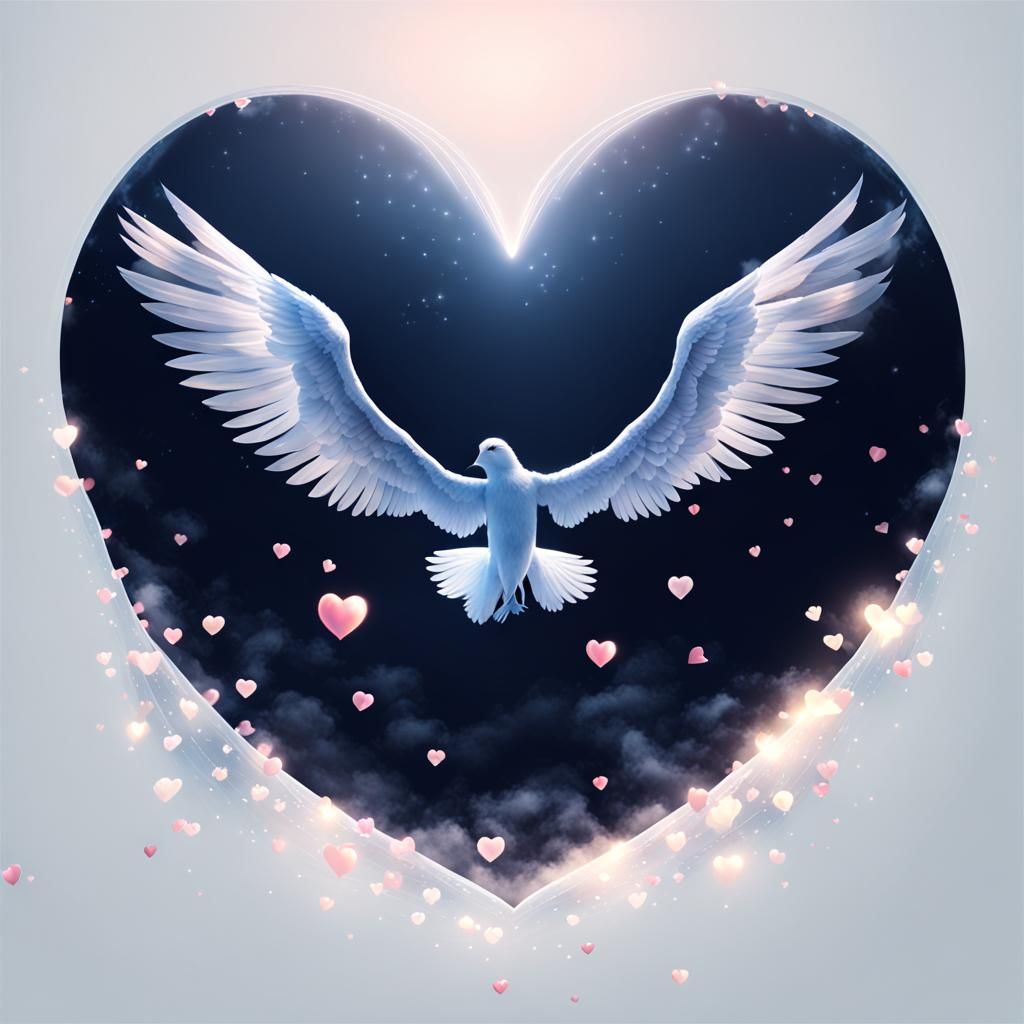 Winged Transparent Hearts Fill Film-Like Sky