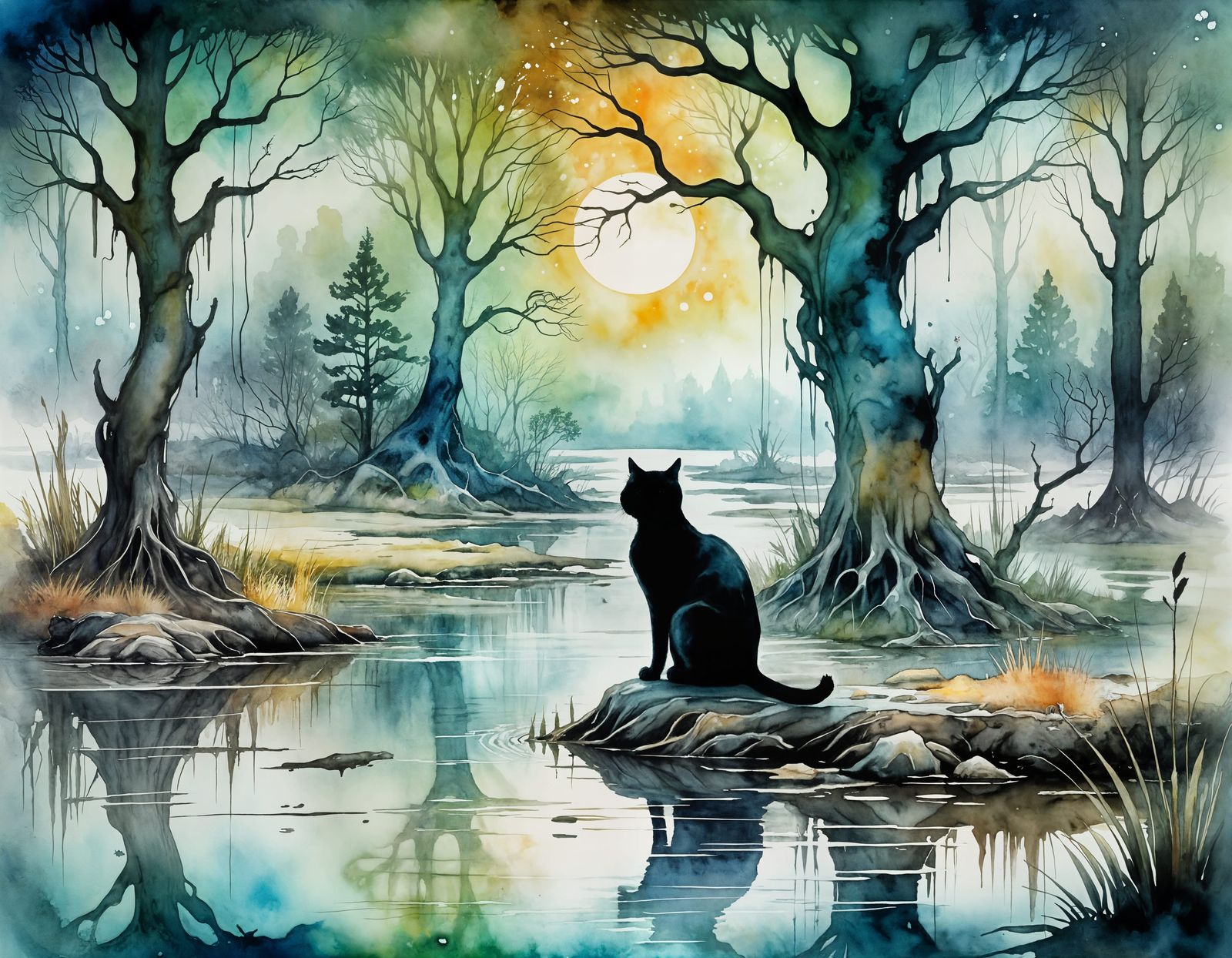 Whimsical Symbolism: Ancient Cat on Misty Marsh