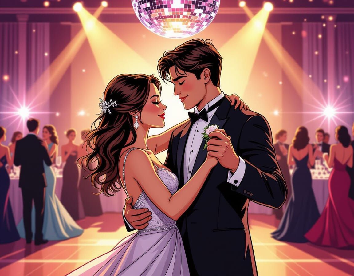 Shy Teenagers Slowdance at Prom in Comic Book Style