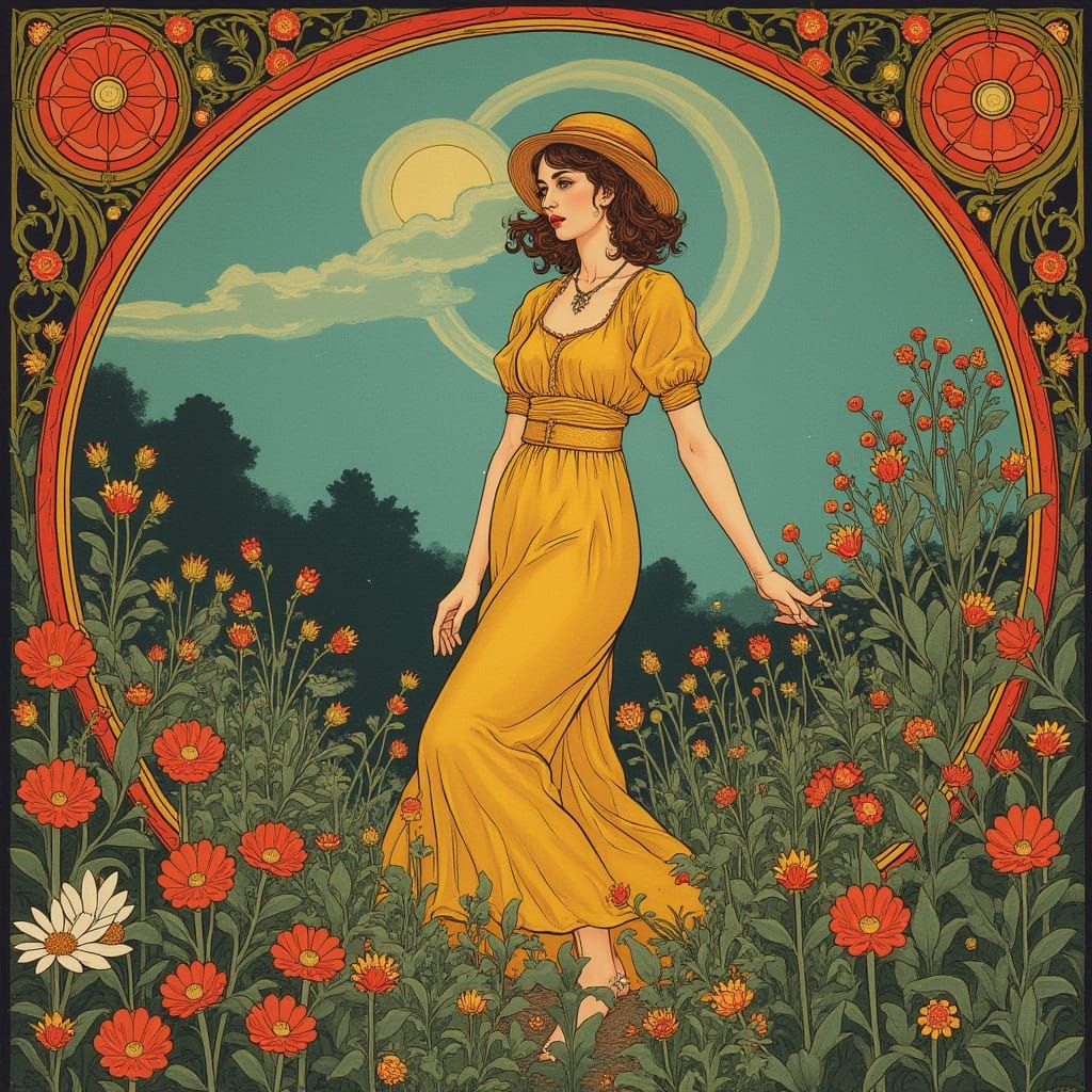 Elegant Woman in Art Nouveau Garden Landscape