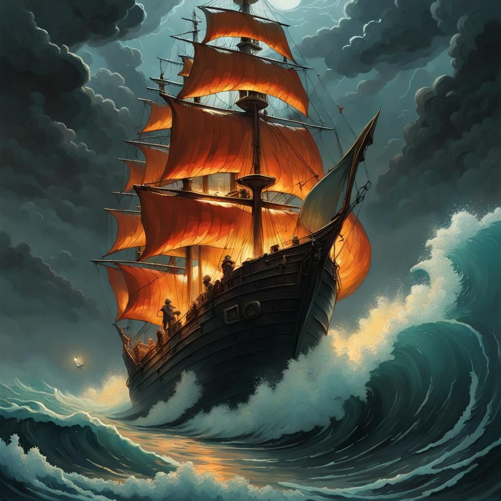 Pumpkin Carving of Ship on Stormy Sea