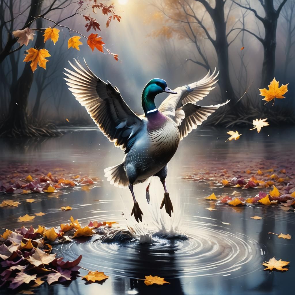 Waterfowl Bird Leaping: Hyperdetailed Charcoal Drawing