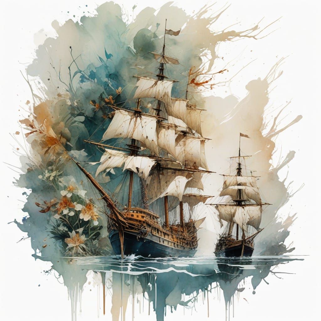 Vibrant Sailing Ships on the High Seas in Watercolor Style