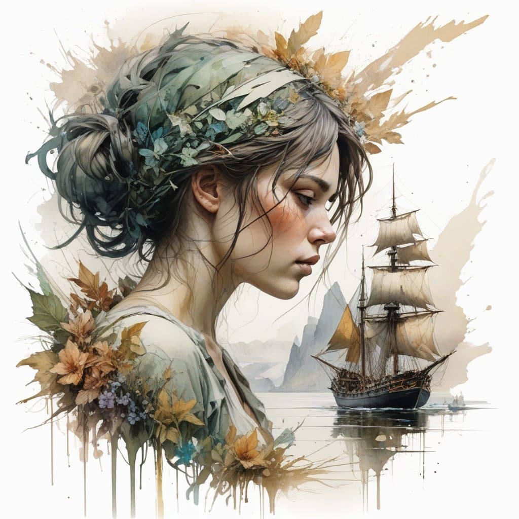 Vibrant Sailing Ships in Cosmic Watercolor