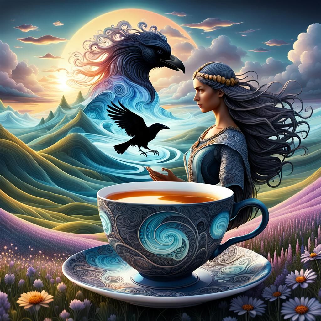 Ethereal Viking Goddess Sips Tea in Scandinavian Dreamscape
