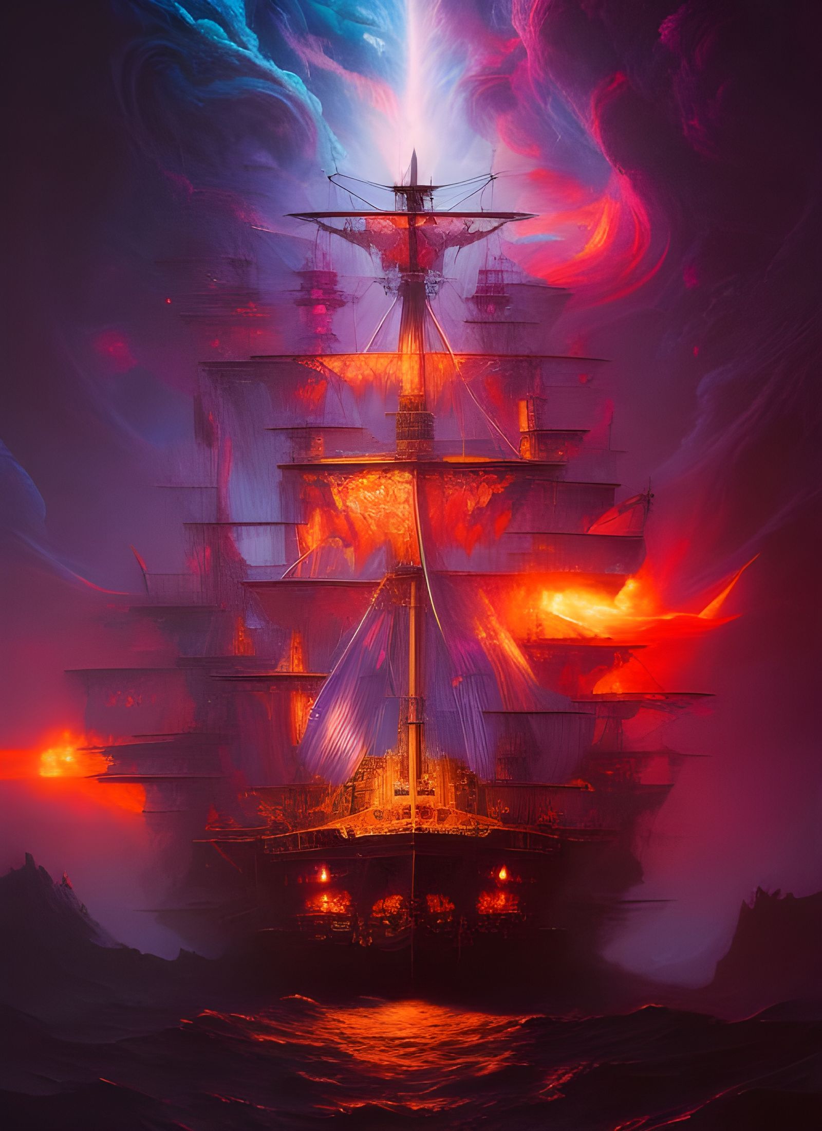 Ghost Pirate Ship Firing Cannons: Photoillustration