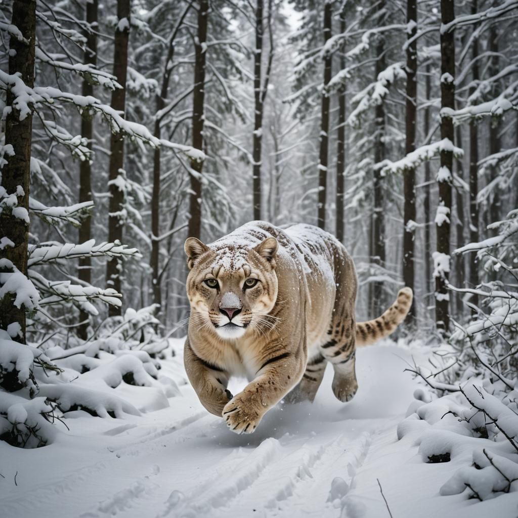 Snow Panther Running Through Snowy Forest