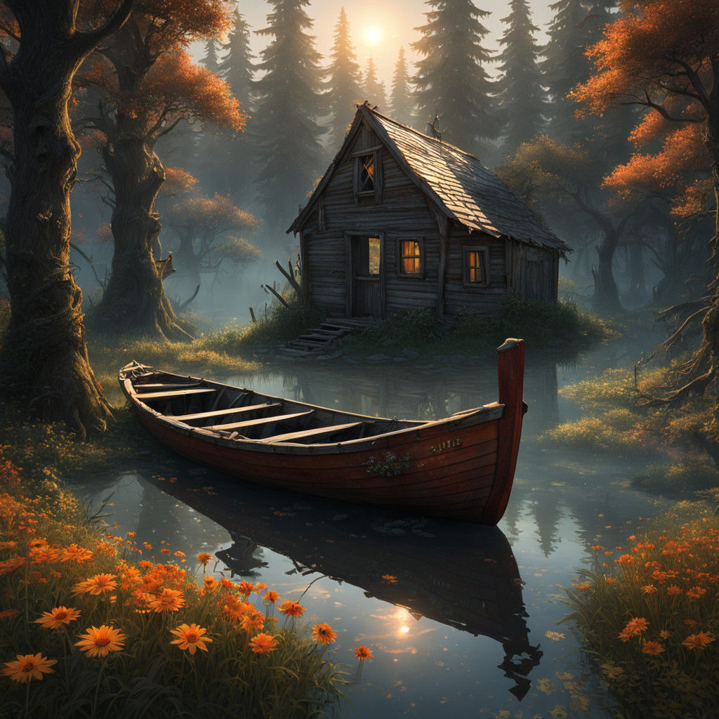 Ethereal Forest Landscape with Abandoned Shack and Glowing W...