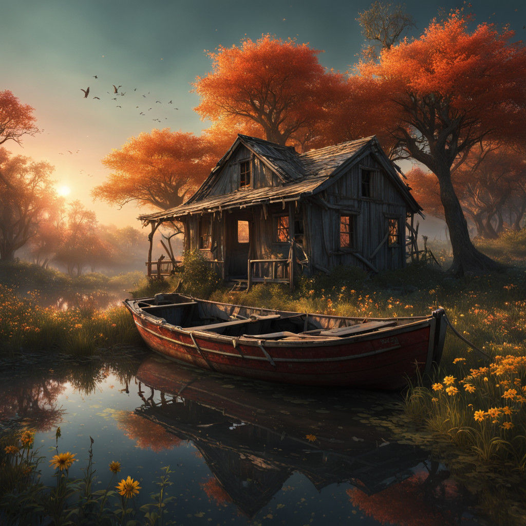 Haunted Forest Glade with Abandoned Shack and Wooden Boat