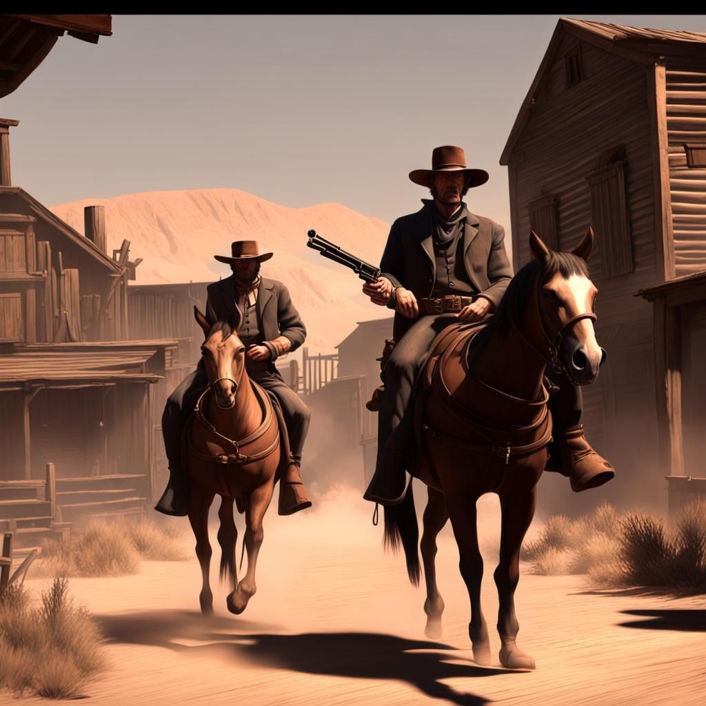 Western Village Scene with Guns Blazing, 3D Render