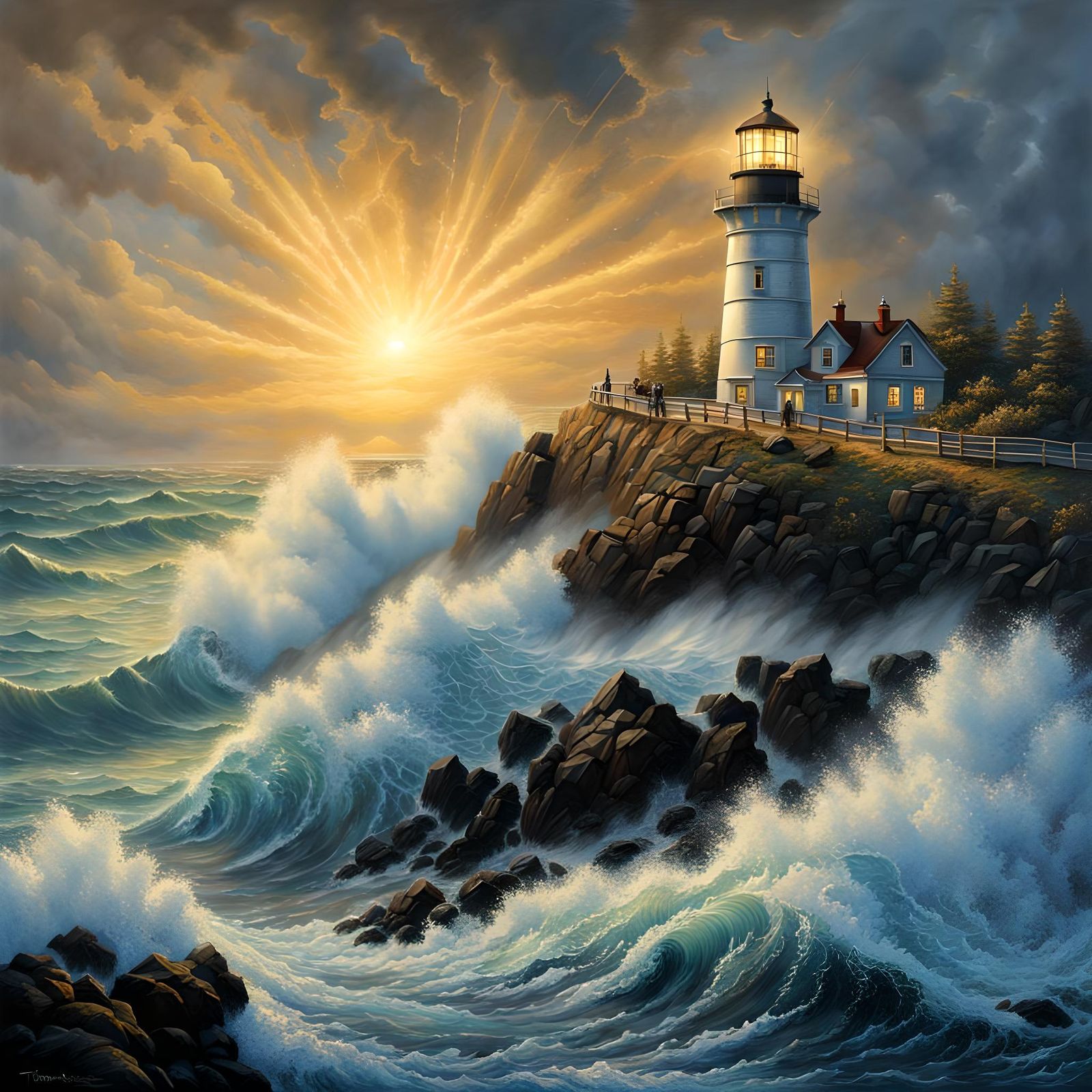 Stormy Lighthouse on Rocks in Splash Art Style