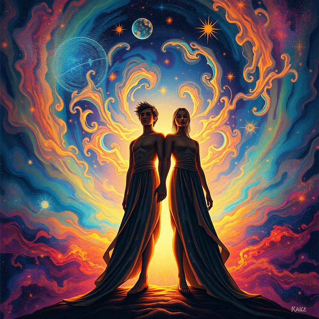 Figures United Against Cosmic Background in Mixed Media Styl...