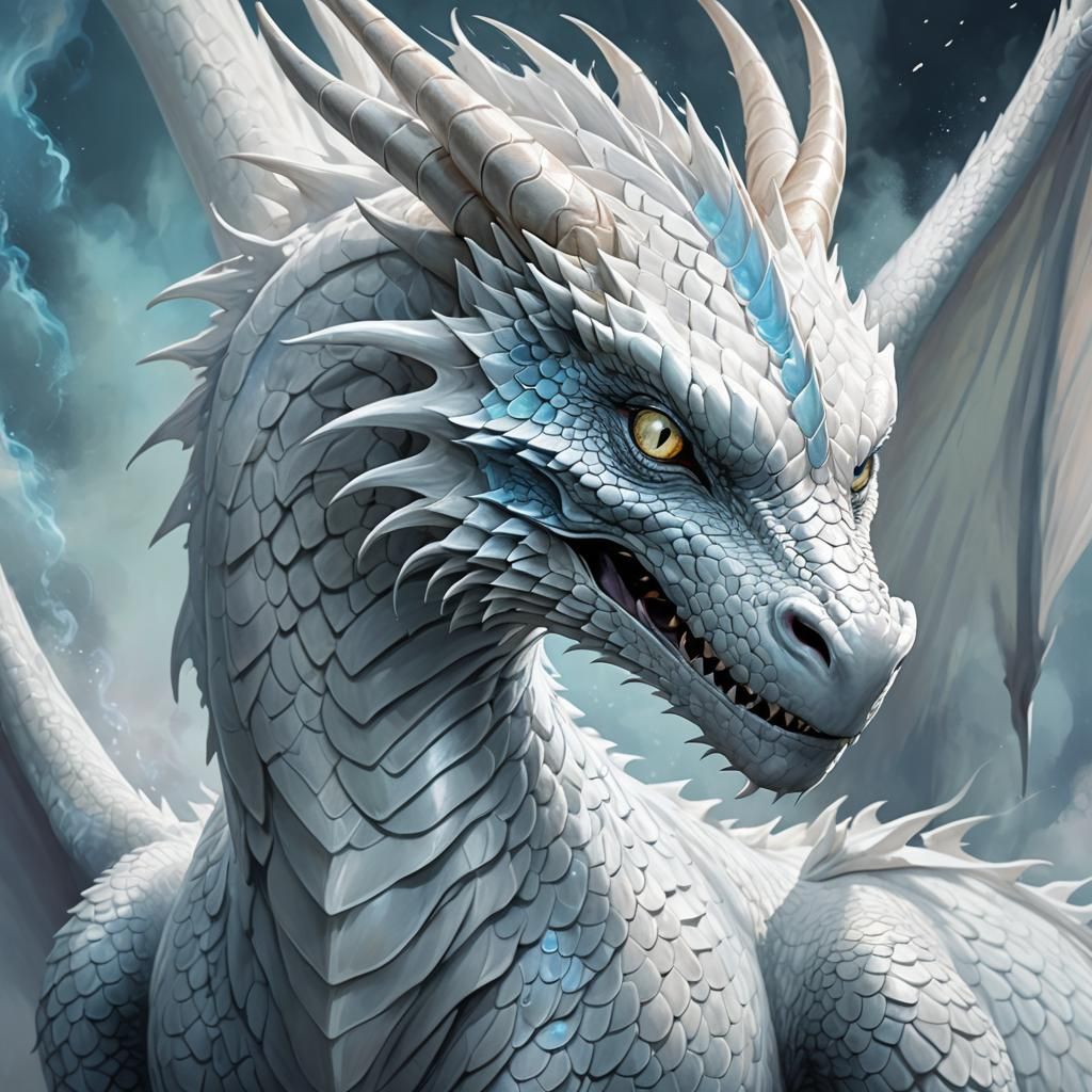 Ethereal White Dragon Portrait in Pastel Hues