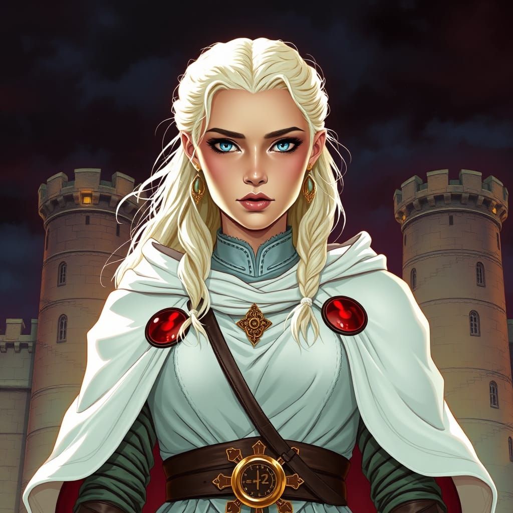 Portrait DE Daenerys Targaryen  cheveux blancs avec des nattes croisées, yeux bleus pétillant, dans  un magnifique mante...