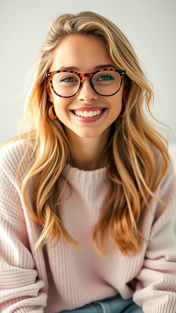 Radiant Young Woman with Sun-Kissed Smile and Whimsical Glas...