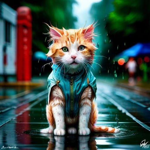 Hyperreal Cat in Rain, Splash Art Style