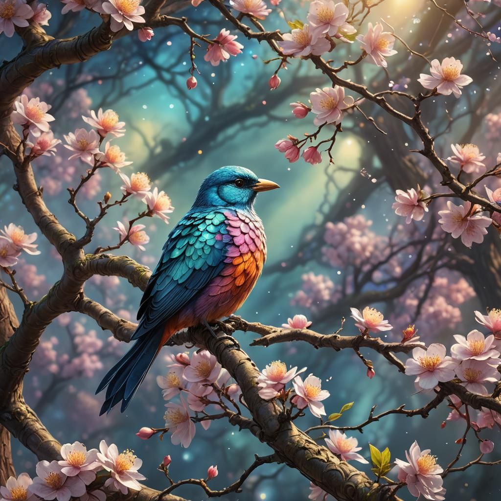 Majestic Bird on Blossoming Tree in Fantasy Style
