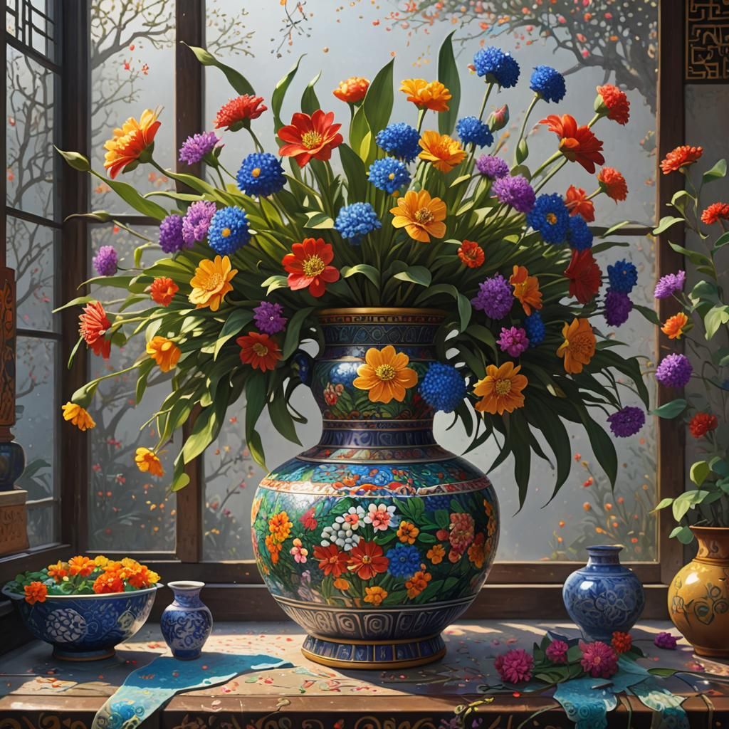 Colorful Pointillist Vase on Windowsill in Pointillism Style