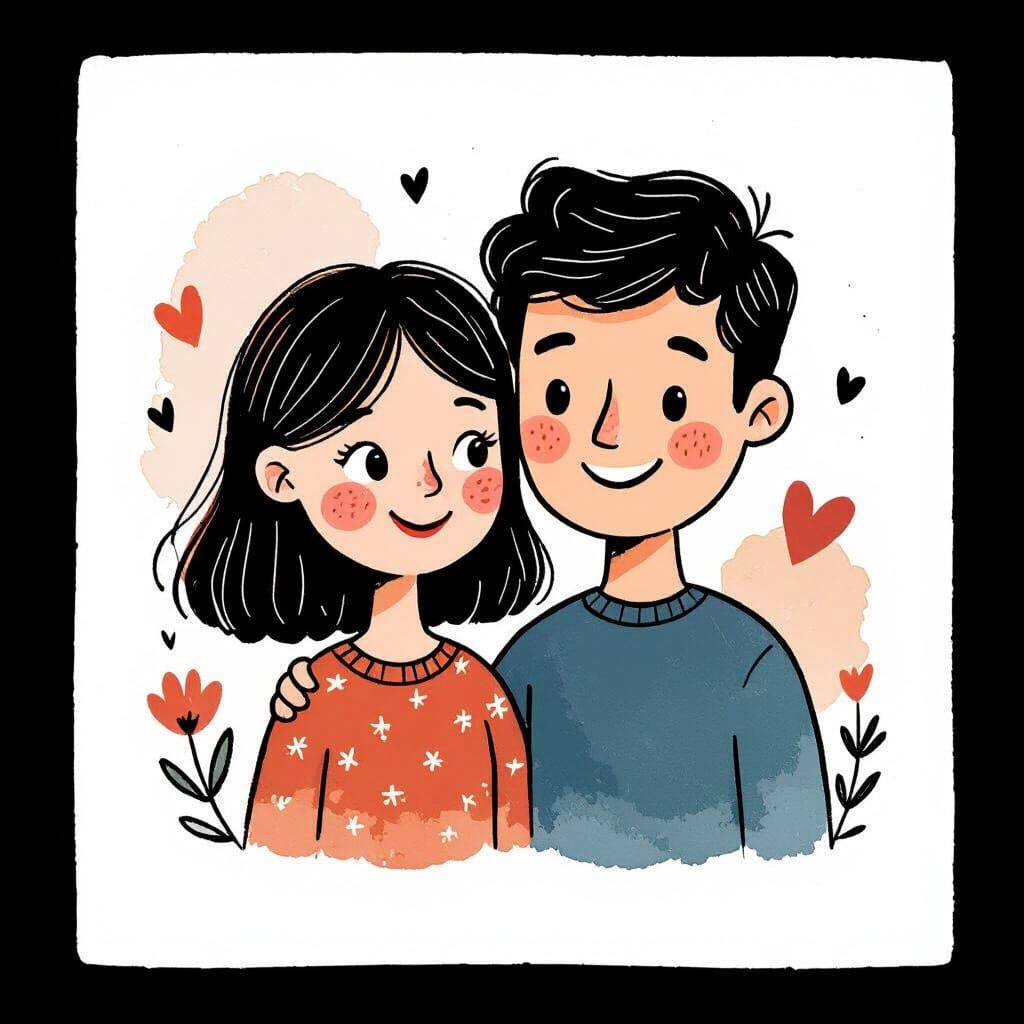 Naive Art Style Couple Doodle with Watercolor Washes