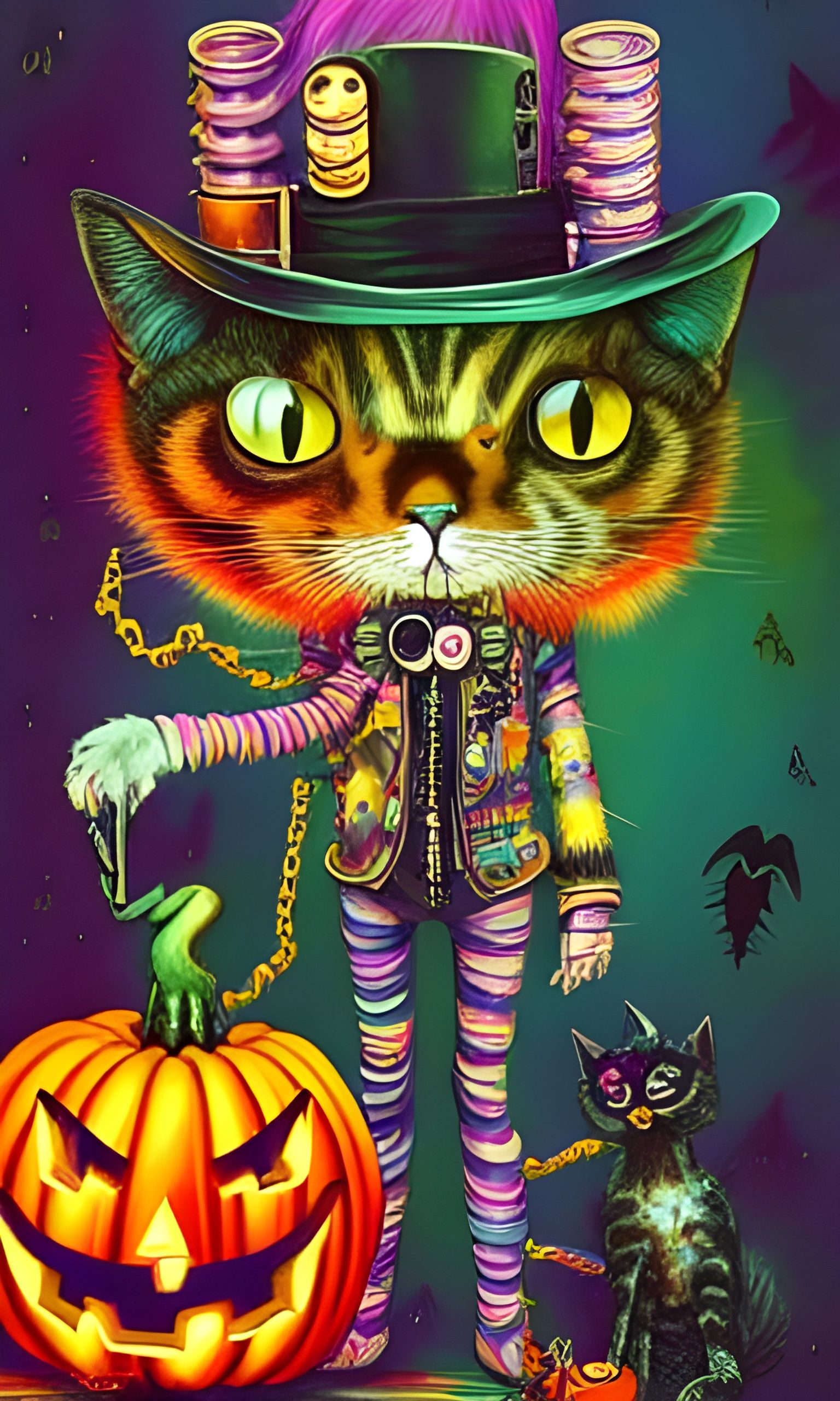 Steampunk Halloween Cat in a Maximalist Style
