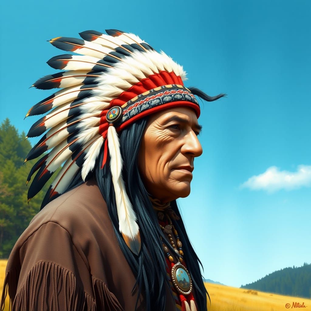 Native American Chief, male, late 90s, weathered face, wrink...