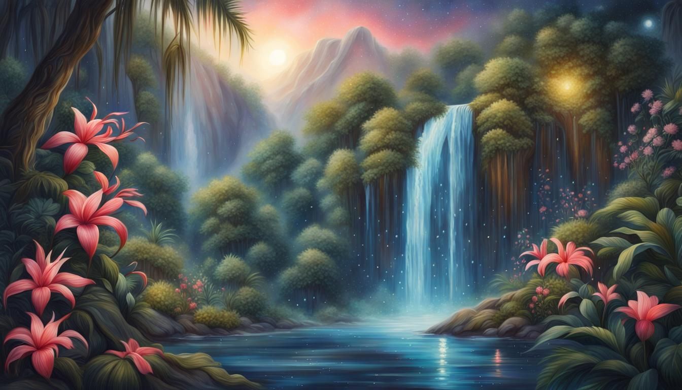 Tropical Waterfall Painting with Starry Sky