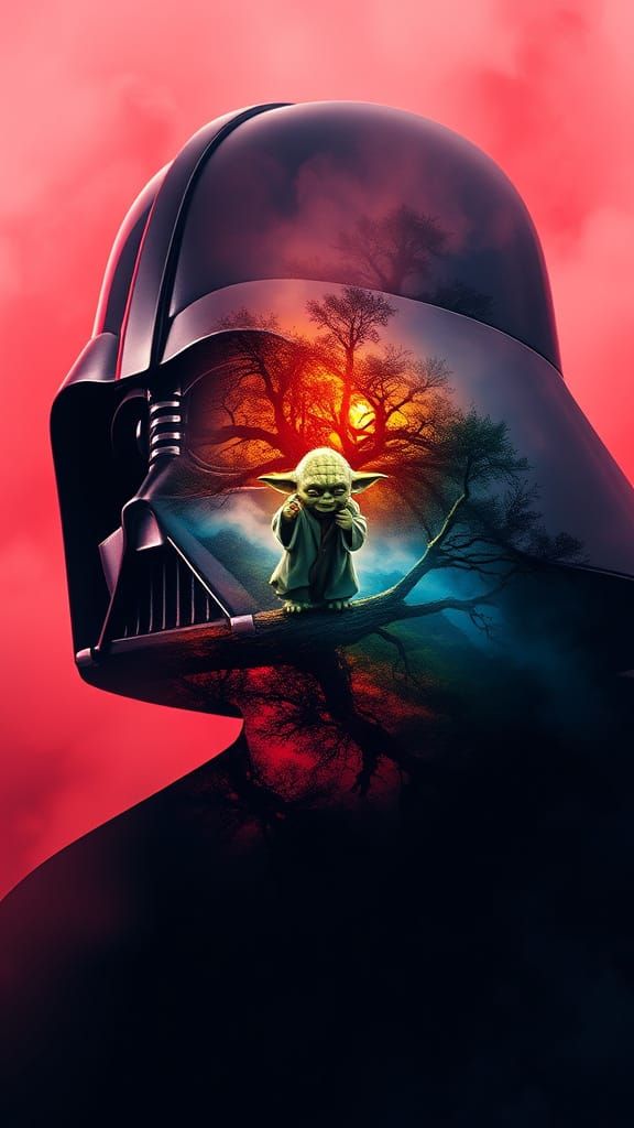 Darth Vader Double Exposure with Yoda in Watercolor Style