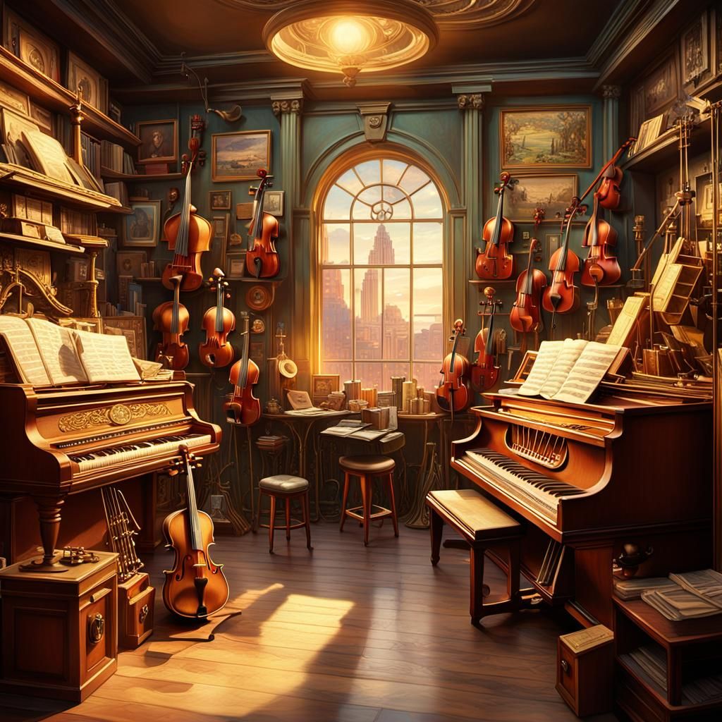 Crowded Music Shop in Art Nouveau Style