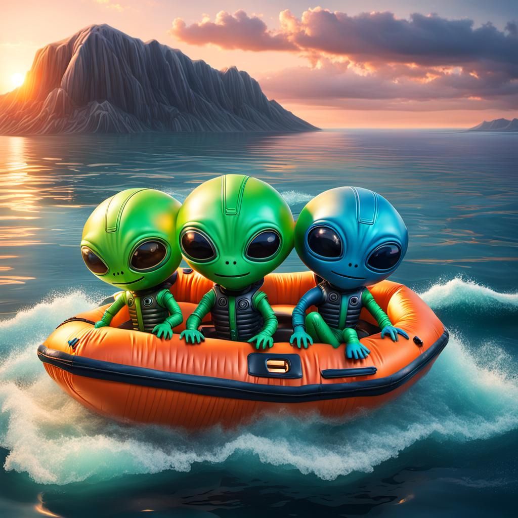 Cute aliens are sitting inside an inflatable life boat. Floa...