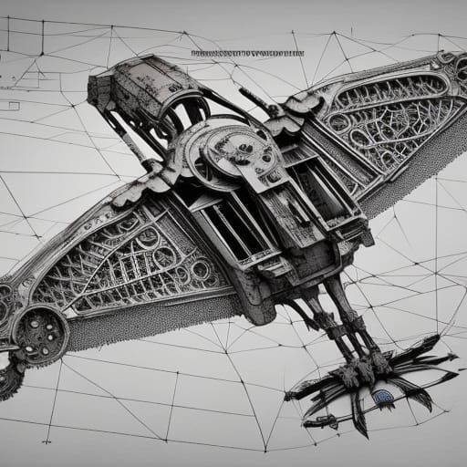 Intricate Mechanical Bird Blueprint inking on Old Paper