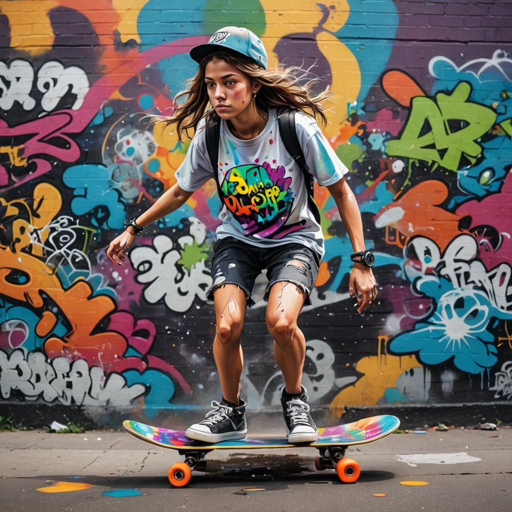 Woman on Rainbow Skateboard Doing 360 in Graffiti Art