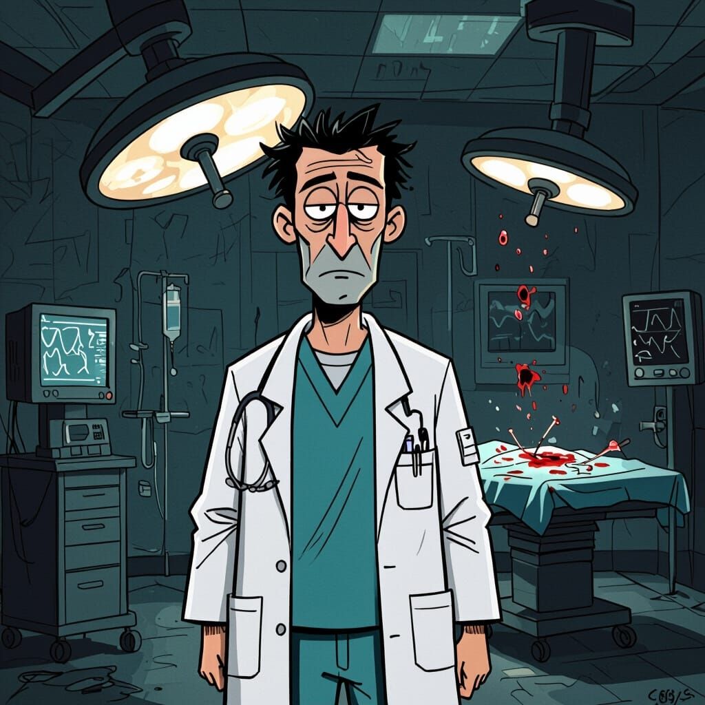 Animated Doctor in Dark Operating Room, Surreal Illustration