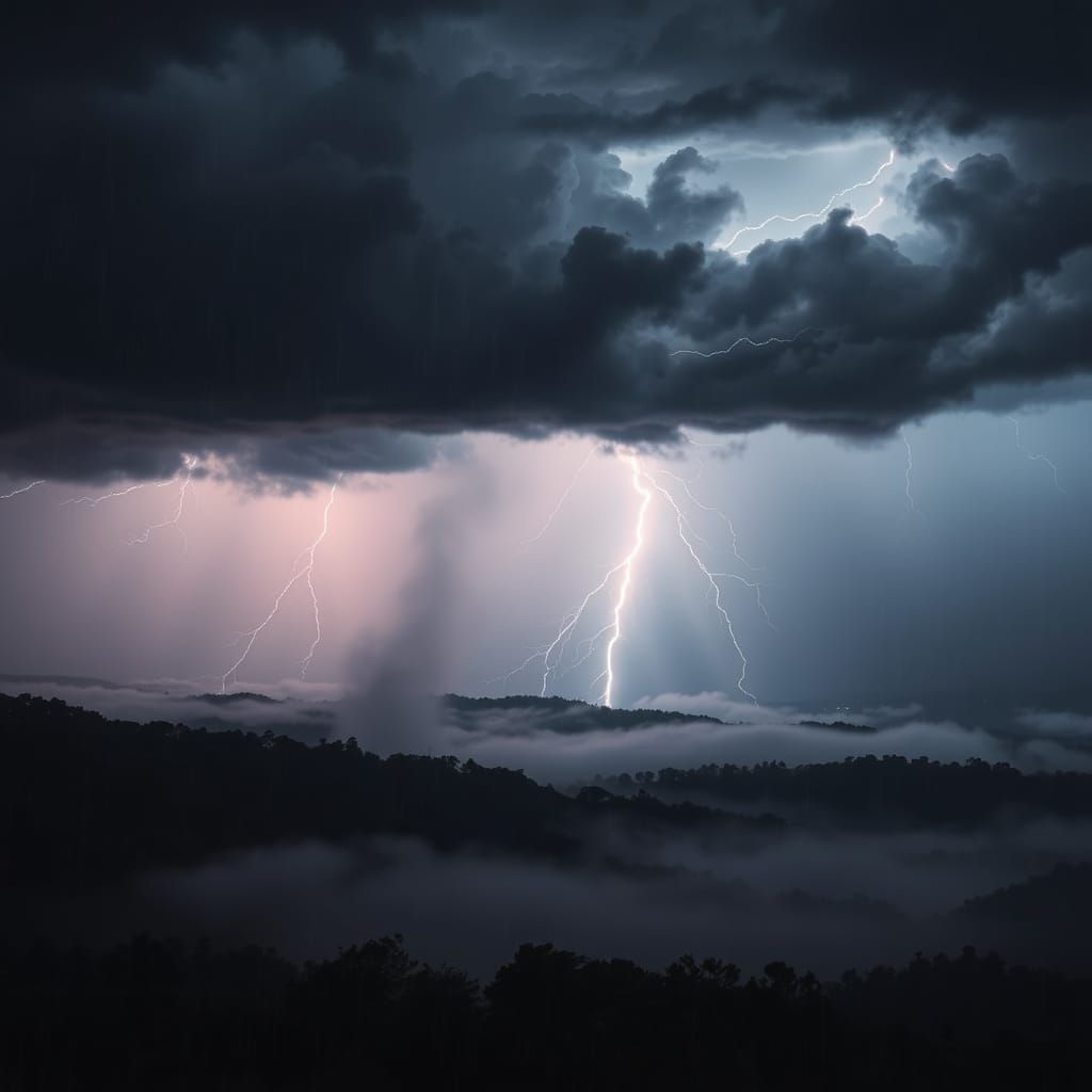 Dramatic Thunderstorm over Misty Landscape